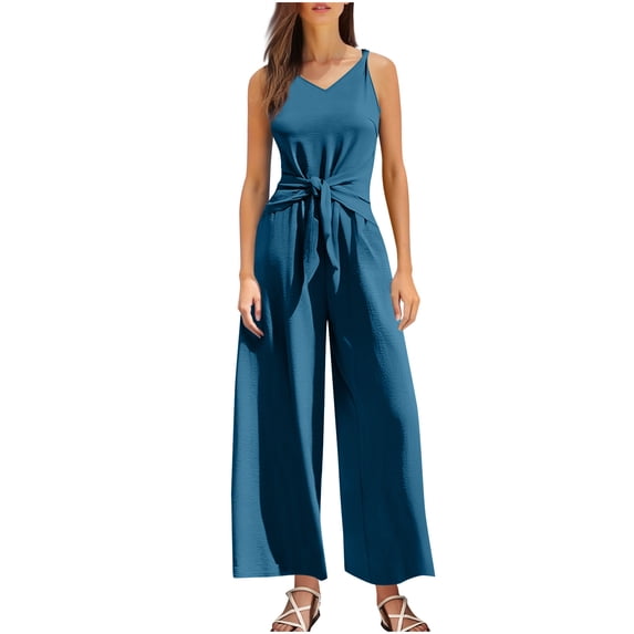 Byworldtasic Women's Summer Jumpsuits Sleeveless Tie Knot Wide Leg Long Pants Romper with Pockets