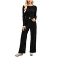 thumbnail image 1 of Byworldtasic Womens 2 Picec of Outfit Sets Long Sleeve Round Neck Button Cardigan Top and Wide-leg Long Pants Set, 1 of 8