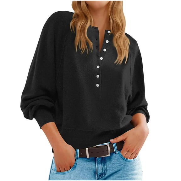 Byworldtasic No Boundaries Womens Button Crew Neck Sweater Fall Long Sleeve Henley Shirts Trendy Loose Knit Pullover Tops