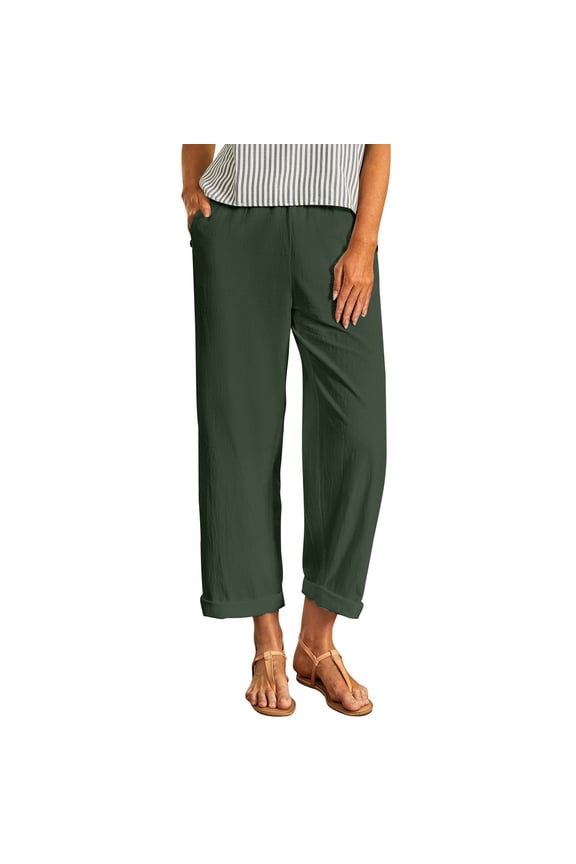 Womens Cotton Linen Cropped Pants Loose Fit Wide Leg Capri Casual Plus Size Elastic Waist Trousers