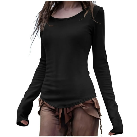 Byworldtasic No Boundaries Womens Long Sleeve Crewneck Top Stretch Slim Basic Shirts Fitted Tops Solid Color Blouse