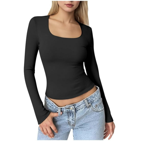 Byworldtasic Womens Slim Fit Square Neck Tops Basic Long Sleeve T Shirt Slim Fit Tees Y2k Going Out Crop Tops