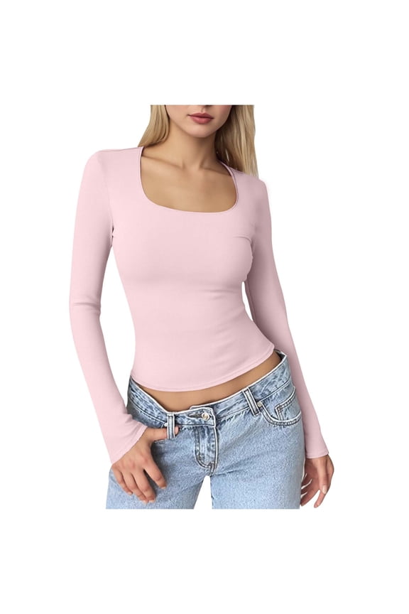 Womens Slim Fit Square Neck Tops Basic Long Sleeve T Shirt Slim Fit Tees Y2k Going Out Crop Tops