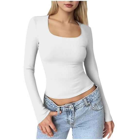 Byworldtasic No Boundaries Womens Slim Fit Square Neck Tops Basic Long Sleeve T Shirt Slim Fit Tees Y2k Going Out Crop Tops