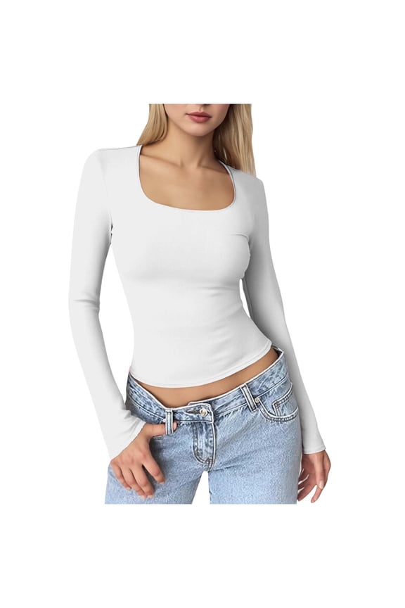 Womens Slim Fit Square Neck Tops Basic Long Sleeve T Shirt Slim Fit Tees Y2k Going Out Crop Tops