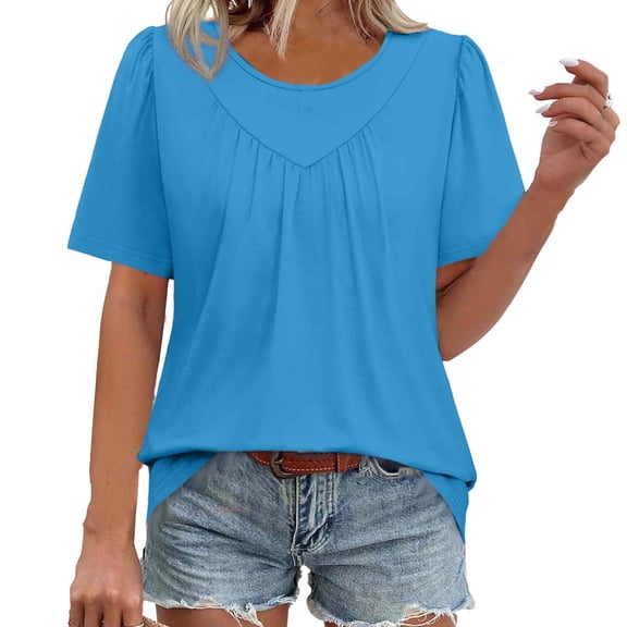 Byworldtasic No Boundaries Womens Summer Tops Trendy Short Sleeve T Shirts Pleated Crewneck Tees Casual Loose Blouses