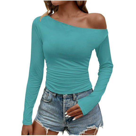 Byworldtasic Off Shoulder Top for Women No Boundaries Long Sleeve Boat Neck Blouses Slim Fit Fall Ruched Stretch Y2K Tee