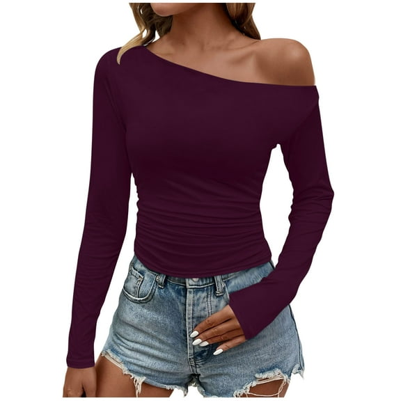 Byworldtasic Off Shoulder Top for Women Long Sleeve Boat Neck Blouses Slim Fit Fall Ruched Stretch Y2K Tee