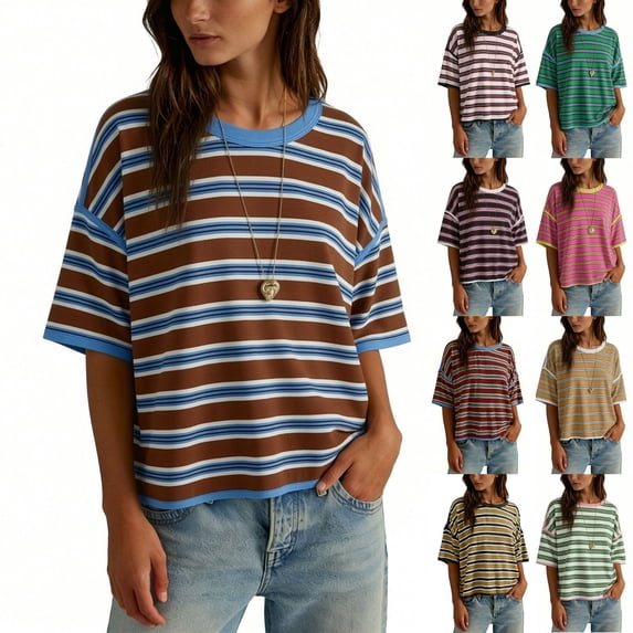 Byworldtasic Oversized Striped T-Shirts for Women Summer Color Block Short Sleeve Tops Drop Shoulder Boxy Tees
