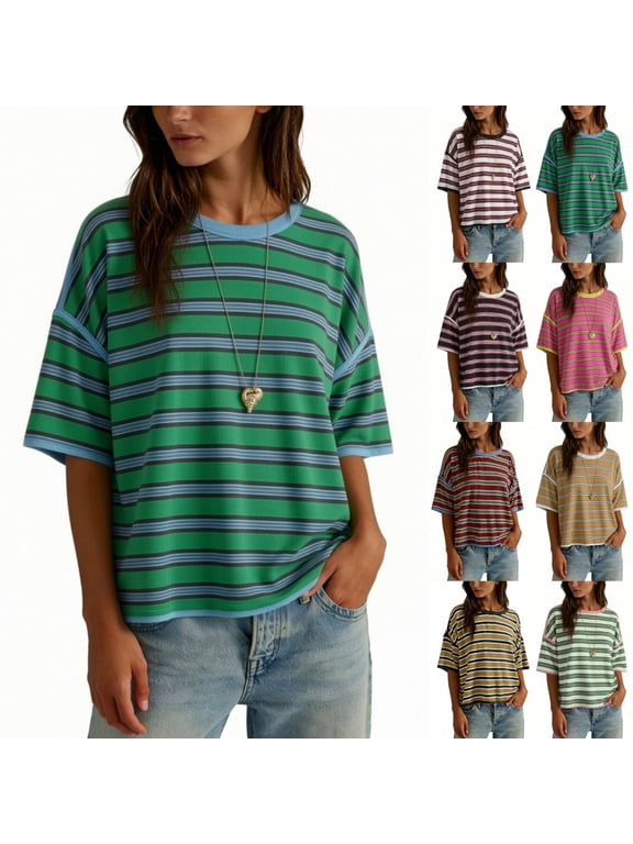 Oversized Striped T-Shirts for Women Summer Color Block Short Sleeve Tops Drop Shoulder Boxy Tees