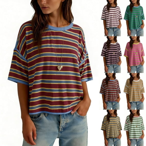 Byworldtasic Oversized Striped T-Shirts for Women Summer Color Block Short Sleeve Tops Drop Shoulder Boxy Tees