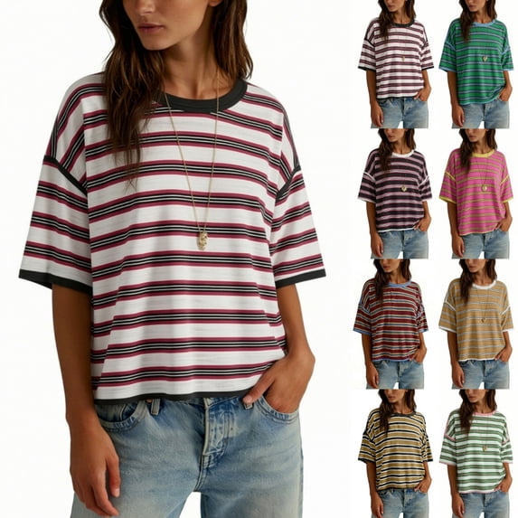 Byworldtasic Oversized Striped T-Shirts for Women Summer Color Block Short Sleeve Tops Drop Shoulder Boxy Tees