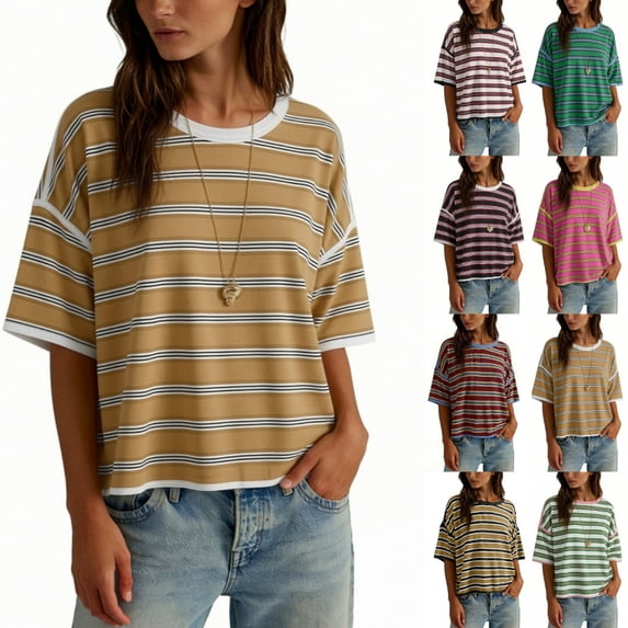 Byworldtasic Oversized Striped T-Shirts for Women Summer Color Block Short Sleeve Tops Drop Shoulder Boxy Tees