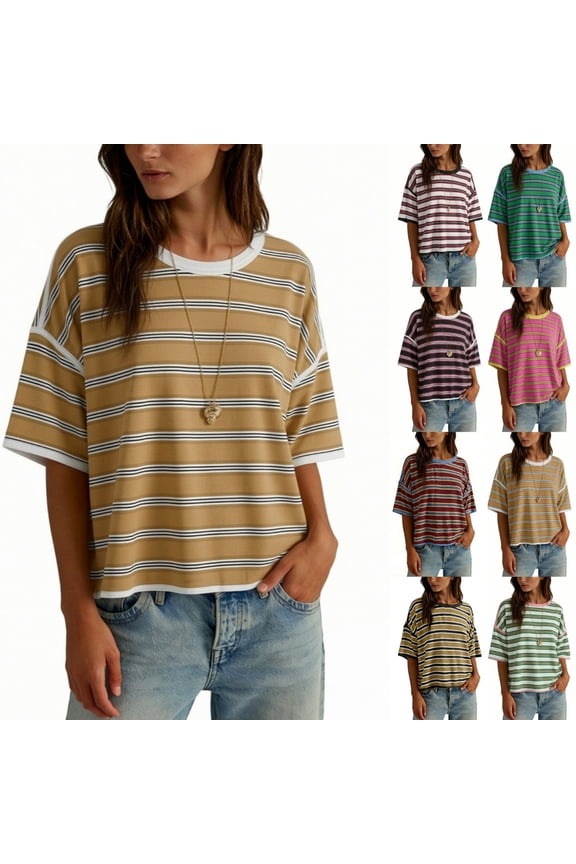 Oversized Striped T-Shirts for Women Summer Color Block Short Sleeve Tops Drop Shoulder Boxy Tees