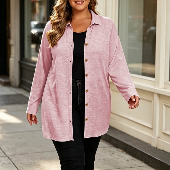 Byworldtasic Plus Size Button Shirts for Women Long Sleeve Shacket Trendy Work Tops Lightweight Soft Loose Boyfriend Fit Top