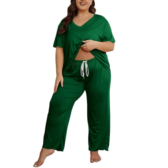 Byworldtasic Plus Size Womens Pajama Sets Short Sleeve Long Pants Solid Color Sleepwear V Neck Casual Lounge Sets