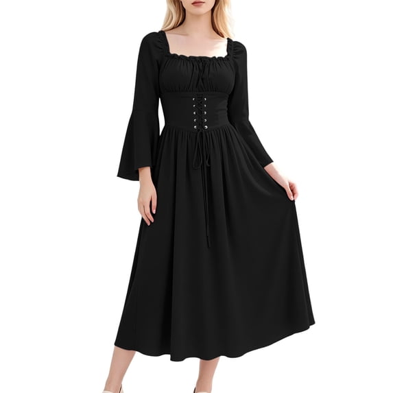 Byworldtasic Renaissance Costume for Women Peasant Medieval Maxi Dress Smocked Elastic Waist Square Flowy Soft Dress