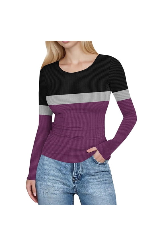 Ribbed Long Sleeve Tops for Women Crew Neck Slim Fit Undershirts Knit Basic Casual Stretch Tee Shirts