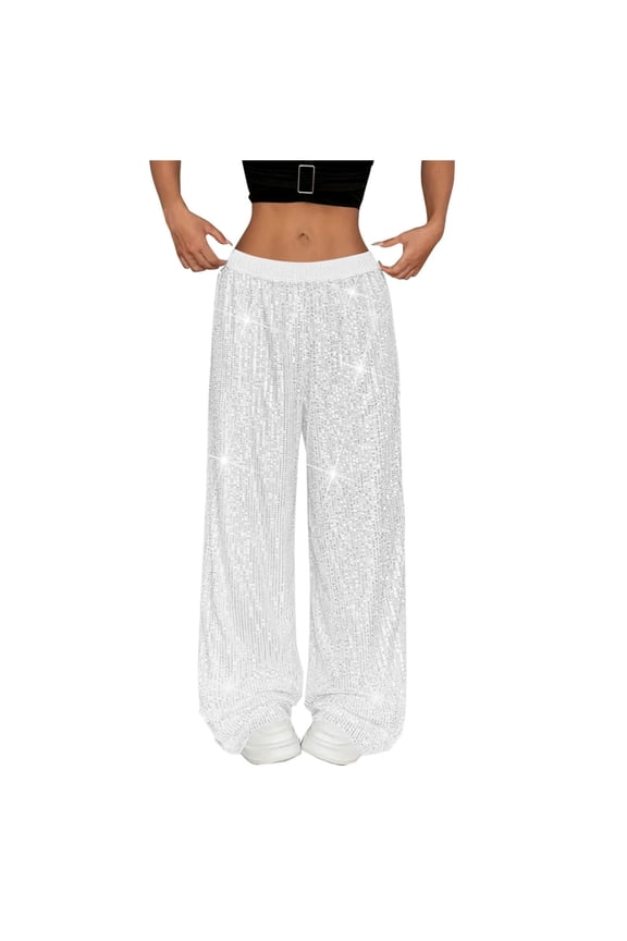 Shiny Sequin Wide Leg Pants for Women No Boundarie Elastic Waist Sparkly Baggy Pants