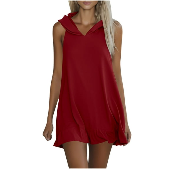 Byworldtasic Sleeveless Shirt Hooded Dresses for Women Summer Shift Mini Dress Casual V Neck Dresses