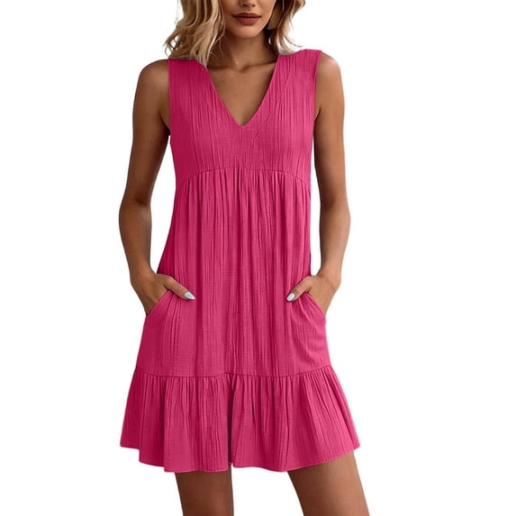 Byworldtasic Sleeveless Tiered Tank Dress for Women V-Neck Flowy Casual Mini Dress for Summer Beach & Vacation