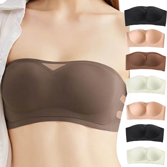 Byworldtasic Strapless Bras for Women No-Slip Bandeau Push Up Wireless Comfy Seamless No Underwire Padded Jelly Tube Top Bra