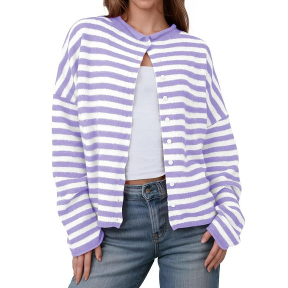 Byworldtasic Striped Cardigan for Women No Boundaries Long Sleeve Open Front Button Down Loose Knit Lightweight Fall Sweaters