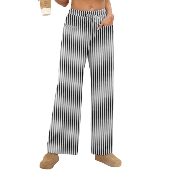 Byworldtasic Striped Pants for Women High Waisted Wide Leg Trendy Pull on Elastic Waist Casual Pants