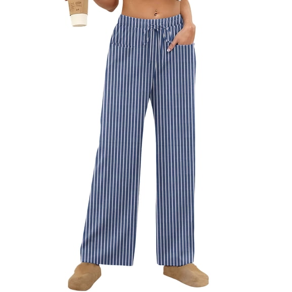 Byworldtasic Striped Pants for Women High Waisted Wide Leg Trendy Pull on Elastic Waist Casual Pants