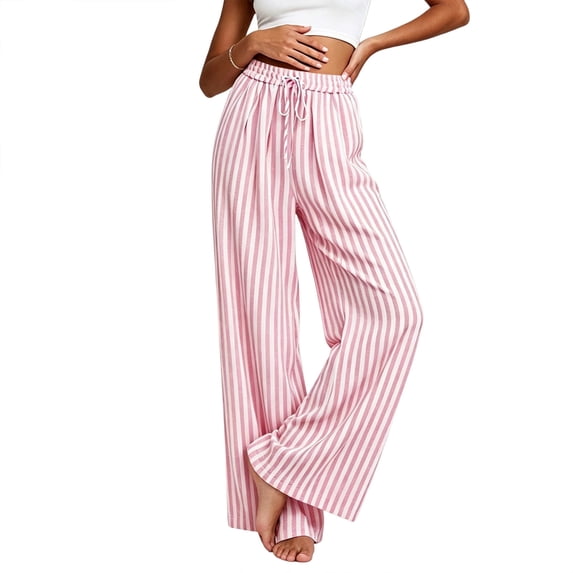 Byworldtasic Striped Wide Leg Pants for Women Elastic Waist Drawstring Pleated Casual Lounge Trousers