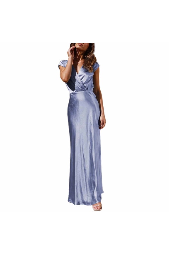 Summer Satin V Neck Wrap Maxi Dress for Women Elegant Silk Cap Sleeve Wedding Guest Dresses