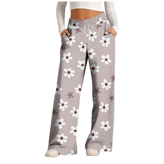 Byworldtasic Sweatpants for Women Pattern Flowy Wide Leg Drawstring Casual Jogger Pants High Waist Pants