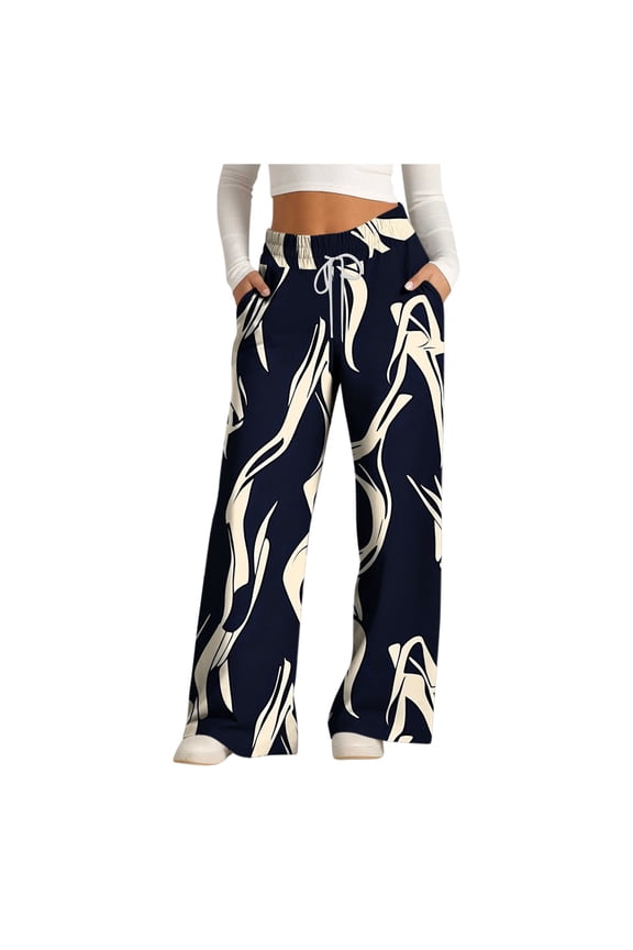 Sweatpants for Women Pattern Flowy Wide Leg Drawstring Casual Jogger Pants High Waist Pants