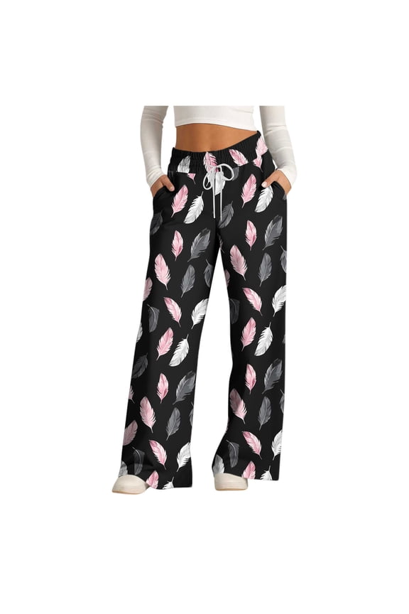 Sweatpants for Women Pattern Flowy Wide Leg Drawstring Casual Jogger Pants High Waist Pants