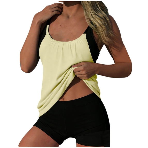 Byworldtasic Two Piece Tankini Swimsuit for Women 2026 Loose Fit Round Neck Top Shorts Bathing Suits