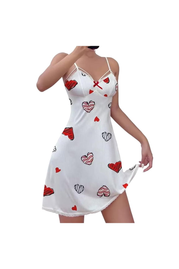 Valentine's Day Women's Heart Print Halter Nightgowns Deep V Neck Backless Chemise Nightdress
