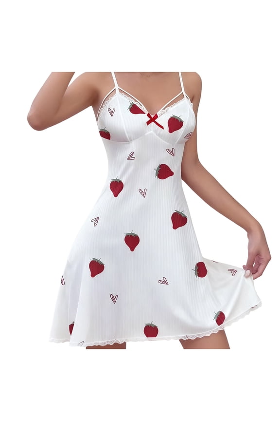 Valentine's Day Women's Heart Print Halter Nightgowns Deep V Neck Backless Chemise Nightdress