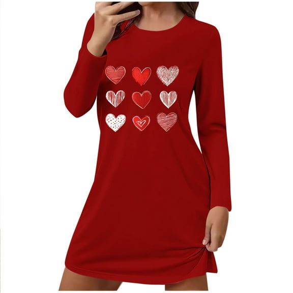 Byworldtasic Valentines Day Nightgown for Women Love Heart Printed Long Sleeve Crew Neck Dresses