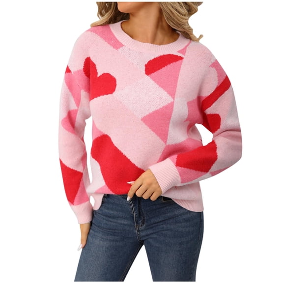 Byworldtasic Valentines Heart Long Sleeve Sweater for Women Crewneck Knit Sweaters Round Neck Love Pattern Sweaters