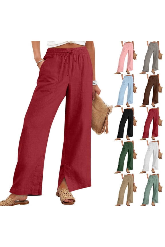 Wide Leg Linen Pants for Women Elastic Waist Palazzo Pants Casual Breathable Loose Trousers with Pockets