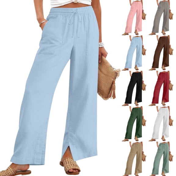Byworldtasic Wide Leg Linen Pants for Women Elastic Waist Palazzo Pants Casual Breathable Loose Trousers with Pockets