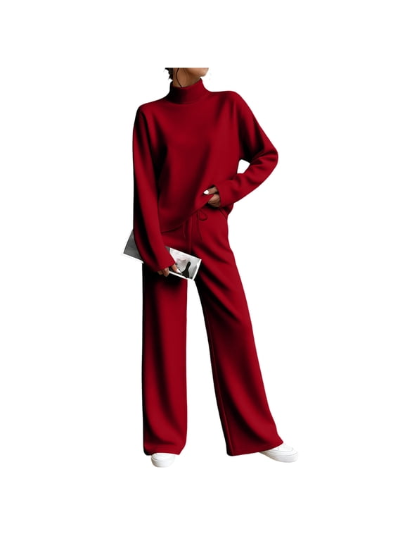 Women 2 Piece Loungewear Outfits Mock Neck Long Sleeve Top Drawstring Wide Leg Sweatpant Casual Tracksuit Set