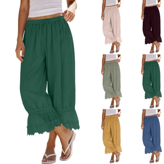 Byworldtasic Women Pants Ruffle Long Bloomer Y2k Lace Trim Pettipants Pantaloons Mid Rise Cropped Pajama Pants