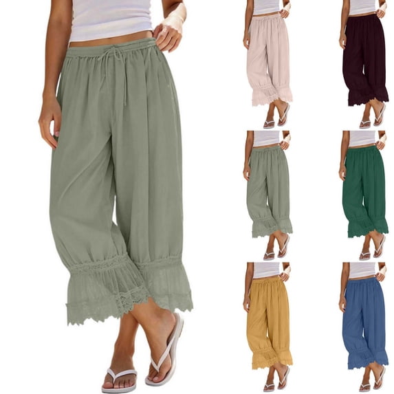 Byworldtasic Women Pants Ruffle Long Bloomer Y2k Lace Trim Pettipants Pantaloons Mid Rise Cropped Pajama Pants