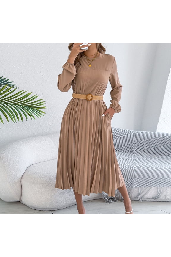 Women Pleated Midi Dress Long Sleeve Party Wedding Guest Pleated Dress Semi Formal Business Casual Dresses