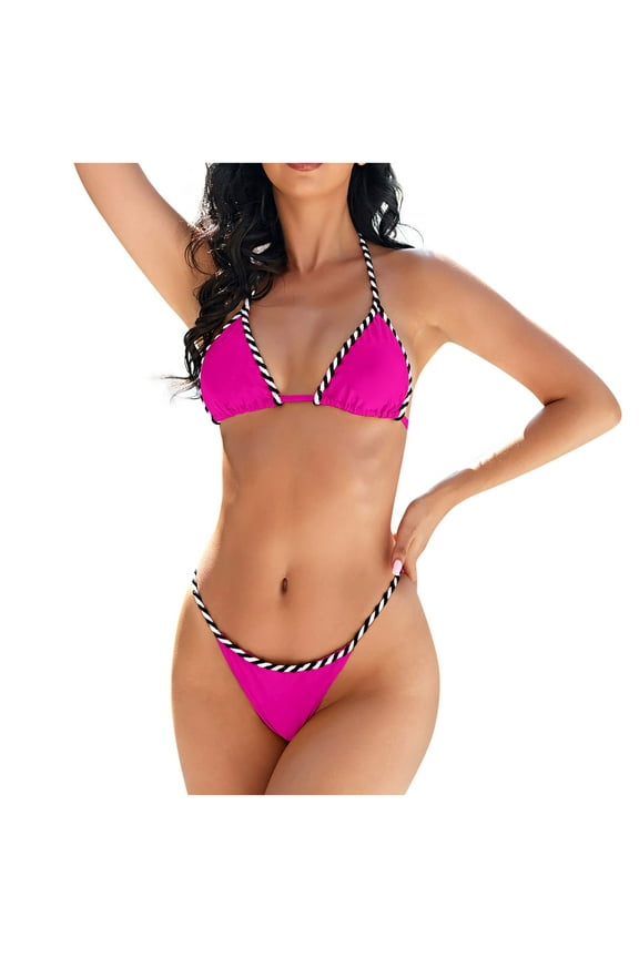 Women Sexy Two Piece Micro Bikini Set Color Block String Halter Triangle Bathing Suit High Cut Thong Swimsuit