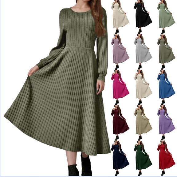 Byworldtasic Women's A Line Long Sleeve Casual Dress Round Neck Ribbed Knit Sweater Crewneck Midi Dresses