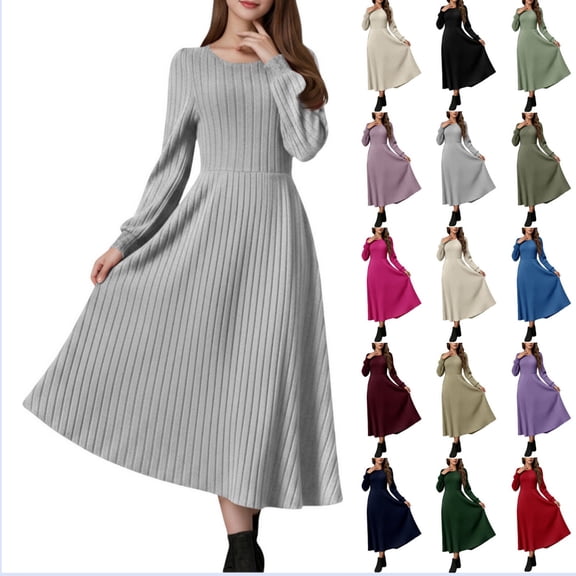 Byworldtasic Women's A Line Long Sleeve Casual Dress Round Neck Ribbed Knit Sweater Crewneck Midi Dresses
