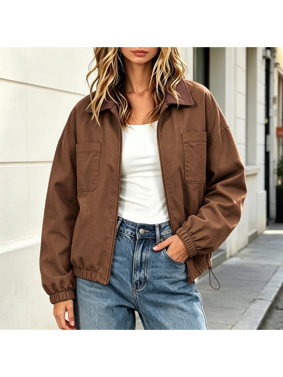 Women’s Barn Jacket Loose Zipper Utility Coat Cinchable Hem Workwear Jacket with Pockets