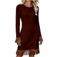 thumbnail image 1 of Byworldtasic Women's Base Round Neck Fringe Top Dresses Long Sleeves Summer Short Dress, 1 of 6